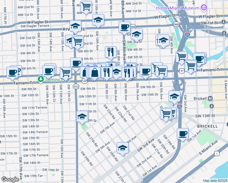 map of restaurants, bars, coffee shops, grocery stores, and more near 918 Southwest 9th Avenue in Miami