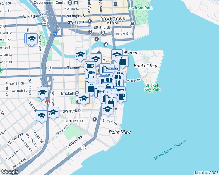 map of restaurants, bars, coffee shops, grocery stores, and more near 1001 Brickell Bay Drive in Miami