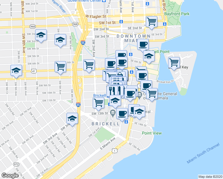 map of restaurants, bars, coffee shops, grocery stores, and more near 1101 Southwest 1st Avenue in Miami