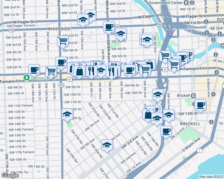 map of restaurants, bars, coffee shops, grocery stores, and more near 740 Southwest 10th Street in Miami