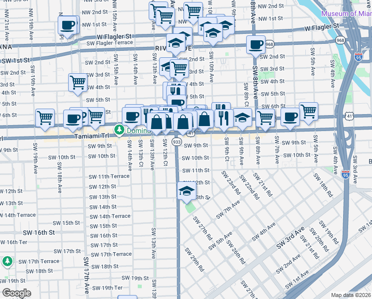 map of restaurants, bars, coffee shops, grocery stores, and more near 1171 Southwest 10th Street in Miami