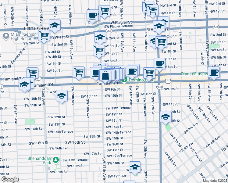 map of restaurants, bars, coffee shops, grocery stores, and more near 1644 Southwest 10th Street in Miami