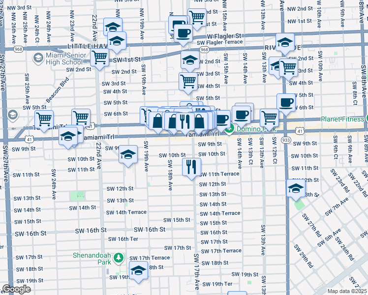 map of restaurants, bars, coffee shops, grocery stores, and more near 1724 Southwest 10th Street in Miami