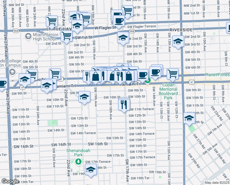 map of restaurants, bars, coffee shops, grocery stores, and more near 927 Southwest 18th Avenue in Miami