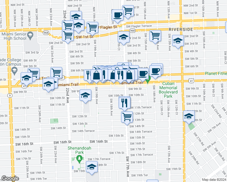 map of restaurants, bars, coffee shops, grocery stores, and more near 927 Southwest 18th Avenue in Miami