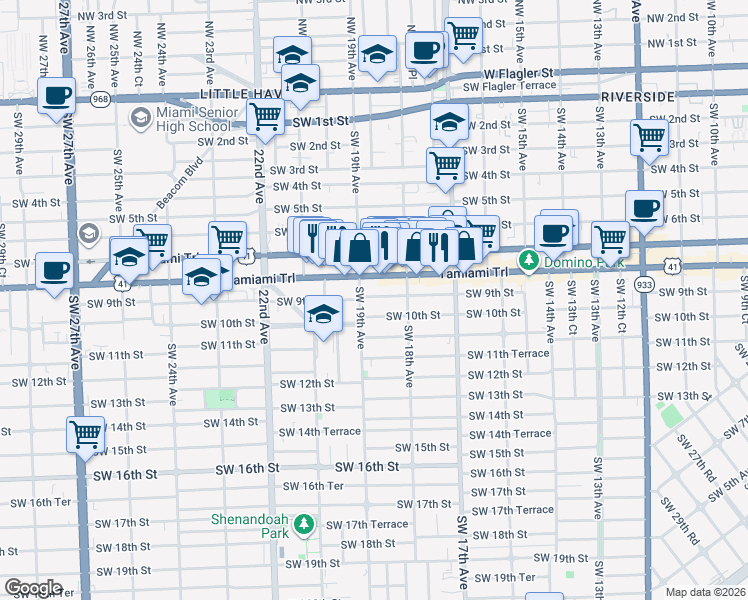 map of restaurants, bars, coffee shops, grocery stores, and more near 1879 Southwest 10th Street in Miami