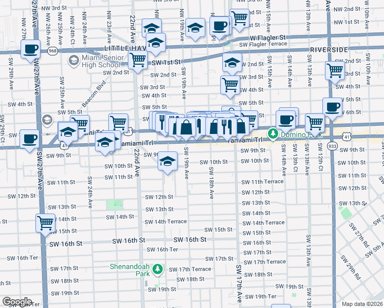 map of restaurants, bars, coffee shops, grocery stores, and more near 1879 Southwest 10th Street in Miami