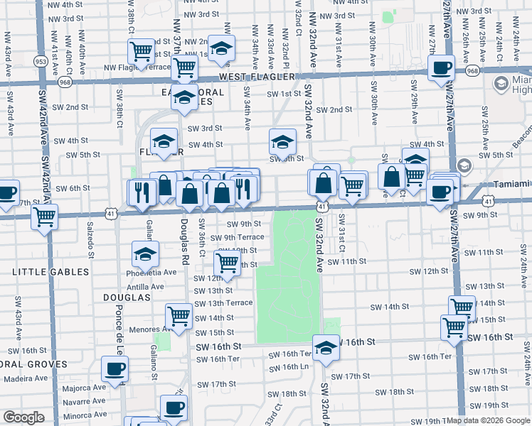 map of restaurants, bars, coffee shops, grocery stores, and more near 3300 Southwest 9th Street in Miami
