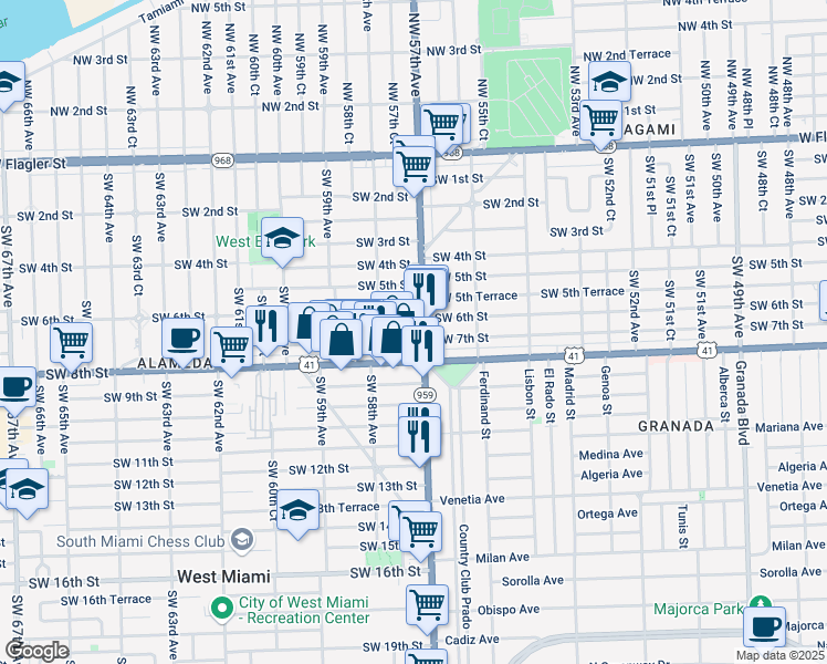 map of restaurants, bars, coffee shops, grocery stores, and more near 5742 Southwest 7th Street in Miami