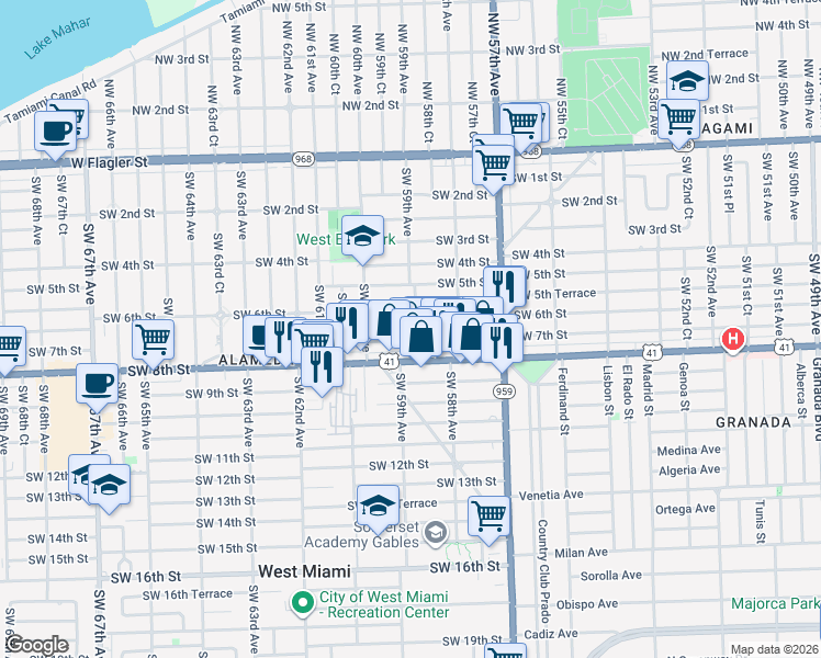 map of restaurants, bars, coffee shops, grocery stores, and more near 5920 Southwest 7th Street in Miami