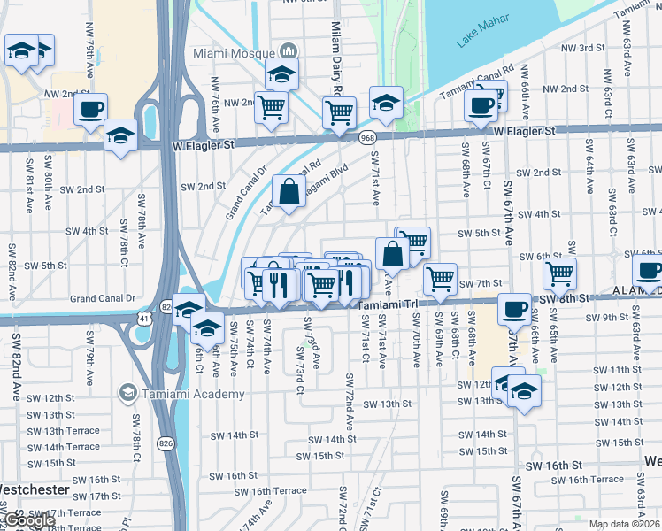 map of restaurants, bars, coffee shops, grocery stores, and more near 7241 Southwest 7th Street in Miami