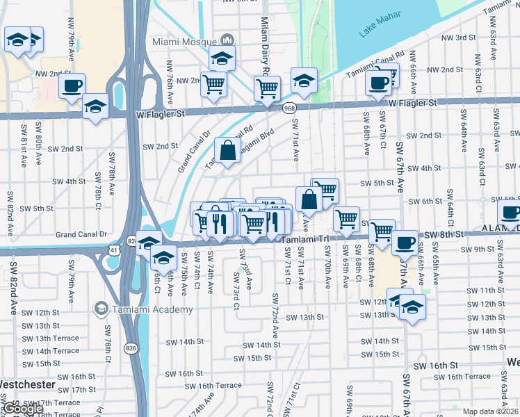 map of restaurants, bars, coffee shops, grocery stores, and more near 7241 Southwest 7th Street in Miami