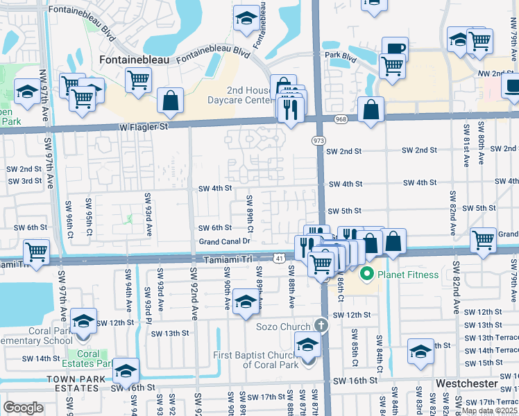 map of restaurants, bars, coffee shops, grocery stores, and more near 8925 Southwest 5th Terrace in Miami