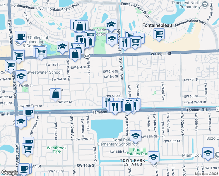 map of restaurants, bars, coffee shops, grocery stores, and more near 9810 Southwest 5th Street in Miami