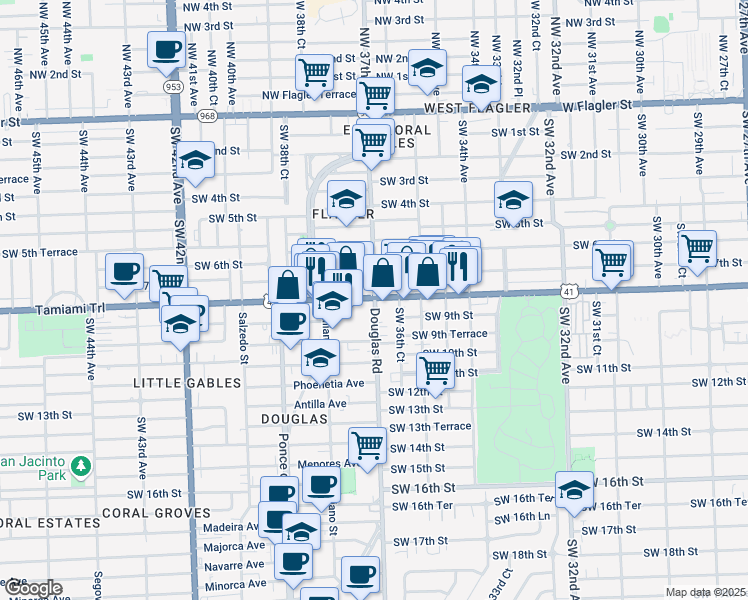 map of restaurants, bars, coffee shops, grocery stores, and more near 804 Douglas Road in Miami