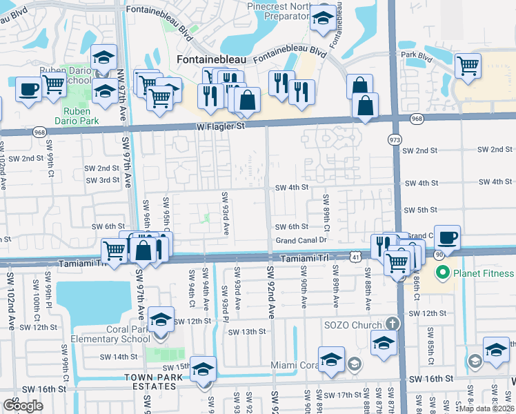 map of restaurants, bars, coffee shops, grocery stores, and more near 9186 Southwest 5th Lane in Miami