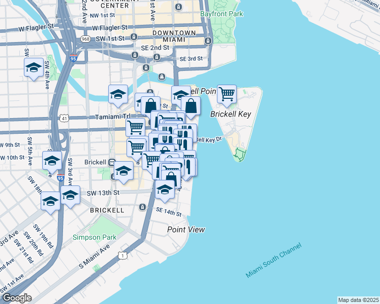 map of restaurants, bars, coffee shops, grocery stores, and more near 905 Brickell Bay Drive in Miami