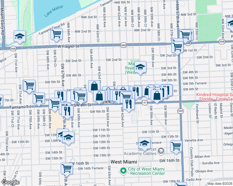 map of restaurants, bars, coffee shops, grocery stores, and more near 701 Southwest 62nd Court in Miami