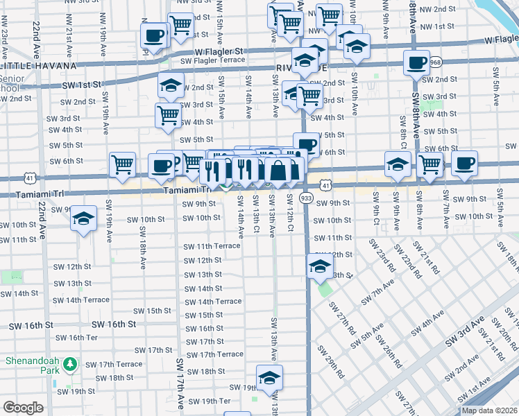 map of restaurants, bars, coffee shops, grocery stores, and more near 1314 Southwest 10th Street in Miami