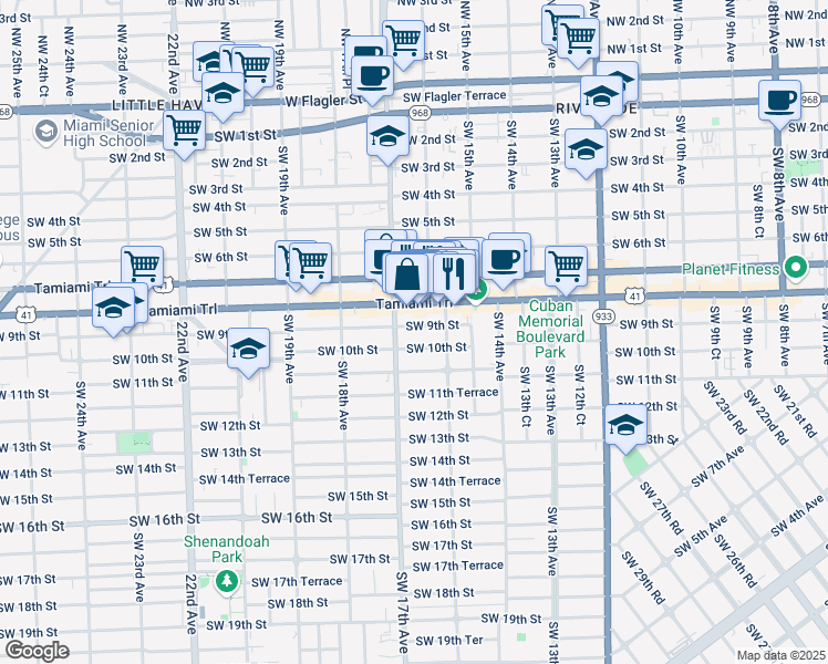 map of restaurants, bars, coffee shops, grocery stores, and more near 1644 Southwest 10th Street in Miami