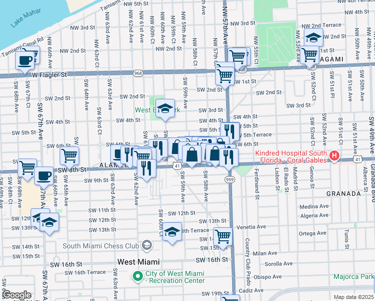 map of restaurants, bars, coffee shops, grocery stores, and more near 5920 Southwest 7th Street in Miami