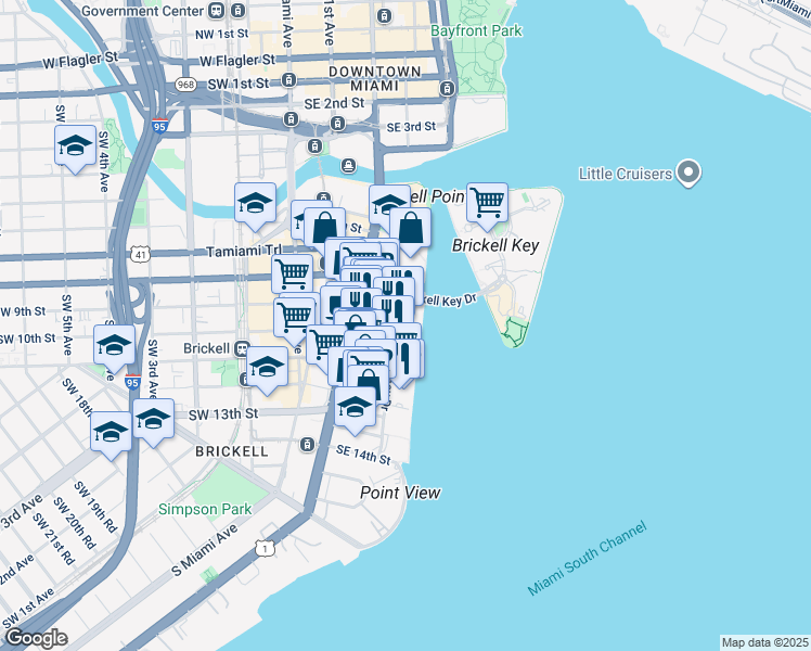 map of restaurants, bars, coffee shops, grocery stores, and more near 905 Brickell Bay Drive in Miami