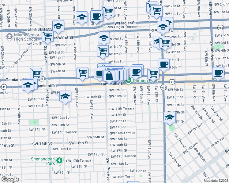 map of restaurants, bars, coffee shops, grocery stores, and more near 1644 Southwest 10th Street in Miami
