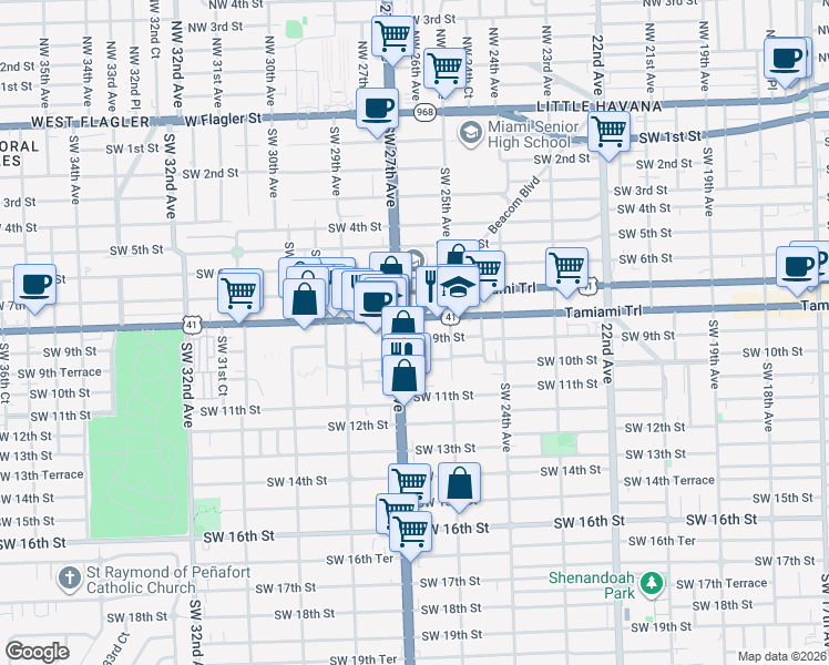 map of restaurants, bars, coffee shops, grocery stores, and more near 2601 Southwest 10th Street in Miami
