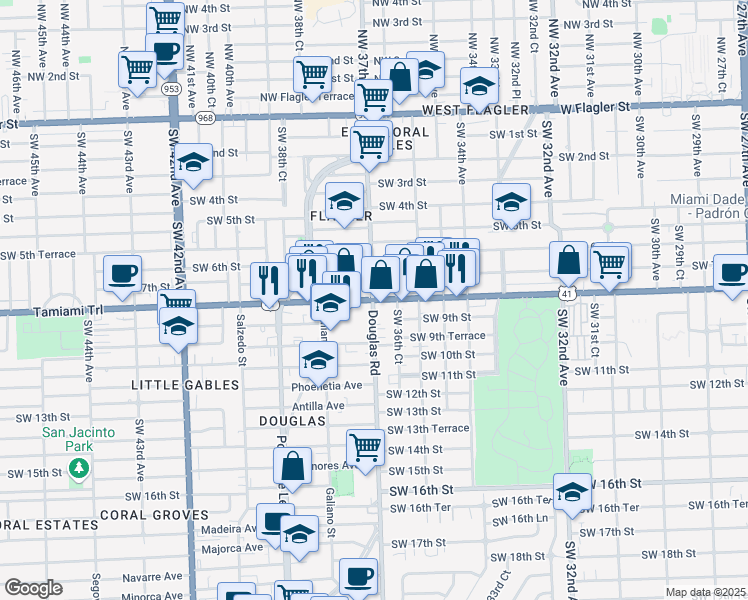 map of restaurants, bars, coffee shops, grocery stores, and more near 890 Southwest 36th Court in Miami