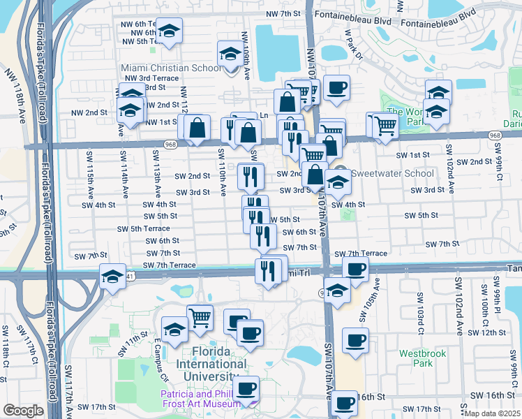 map of restaurants, bars, coffee shops, grocery stores, and more near 500 Southwest 109th Avenue in Miami