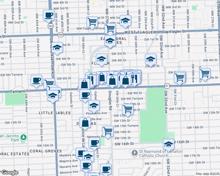 map of restaurants, bars, coffee shops, grocery stores, and more near Southwest 8th Street in Miami