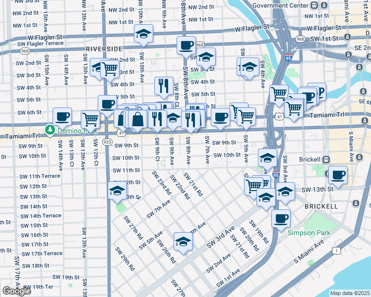 map of restaurants, bars, coffee shops, grocery stores, and more near 1003 Southwest 8th Avenue in Miami