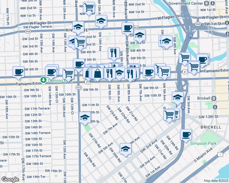 map of restaurants, bars, coffee shops, grocery stores, and more near 932 Southwest 10th Street in Miami