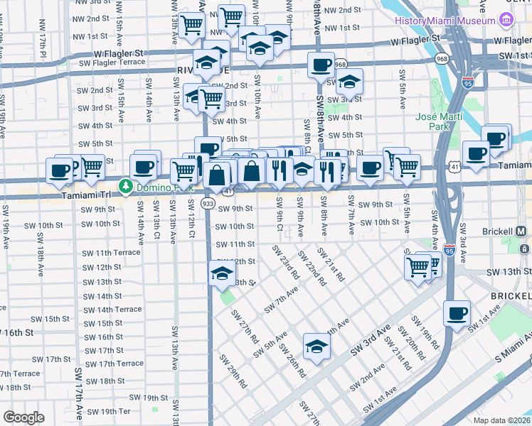 map of restaurants, bars, coffee shops, grocery stores, and more near 989 Southwest 10th Street in Miami