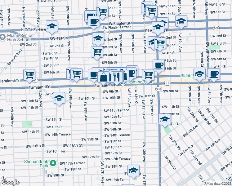 map of restaurants, bars, coffee shops, grocery stores, and more near 1520 Southwest 10th Street in Miami