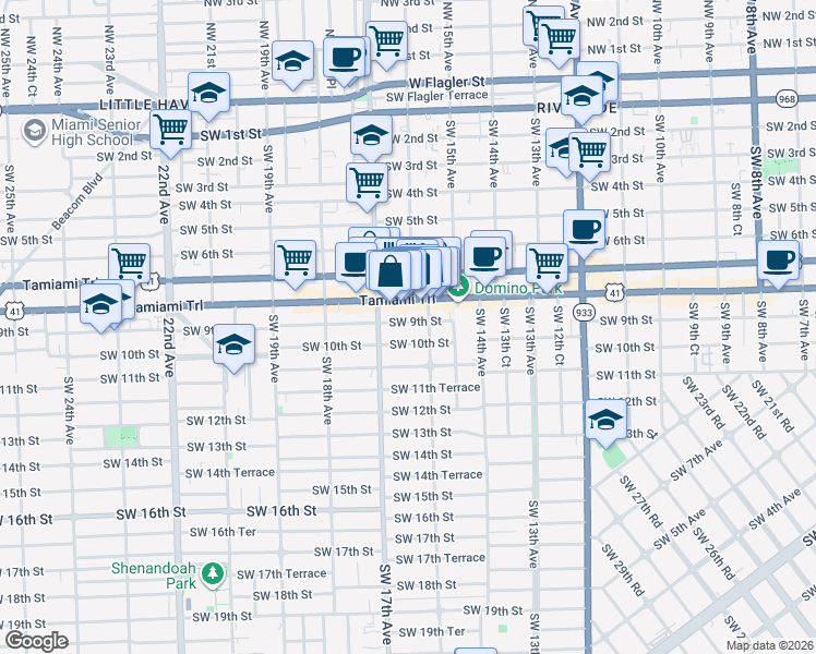 map of restaurants, bars, coffee shops, grocery stores, and more near 1644 Southwest 10th Street in Miami