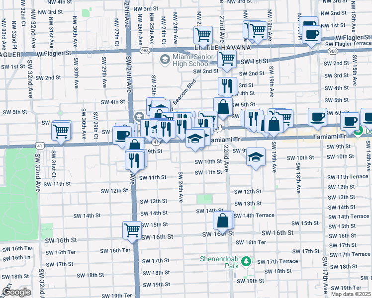 map of restaurants, bars, coffee shops, grocery stores, and more near 2313 Southwest 10th Street in Miami