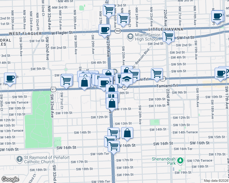 map of restaurants, bars, coffee shops, grocery stores, and more near 2601 Southwest 10th Street in Miami