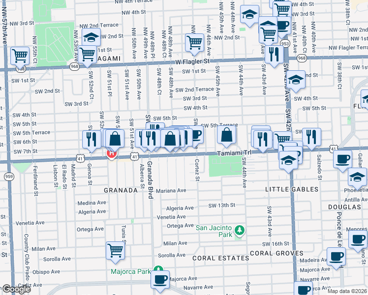 map of restaurants, bars, coffee shops, grocery stores, and more near 801 Santiago Street in Coral Gables