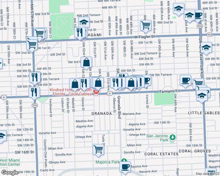 map of restaurants, bars, coffee shops, grocery stores, and more near 5100 Southwest 8th Street in Coral Gables