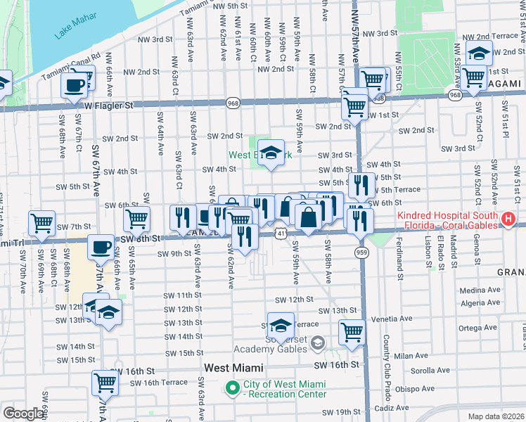 map of restaurants, bars, coffee shops, grocery stores, and more near 710 Southwest 60th Avenue in Miami