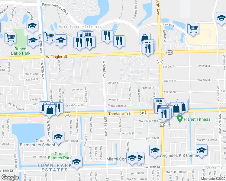 map of restaurants, bars, coffee shops, grocery stores, and more near 9116 Southwest 5th Lane in Miami