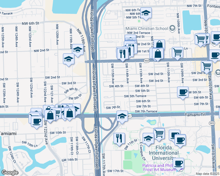 map of restaurants, bars, coffee shops, grocery stores, and more near 11530 Southwest 5th Street in Miami