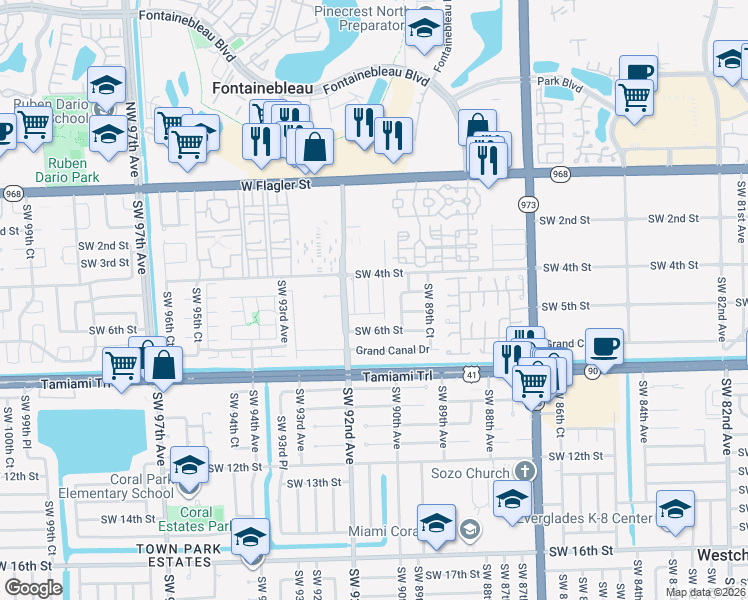 map of restaurants, bars, coffee shops, grocery stores, and more near 9116 Southwest 5th Lane in Miami