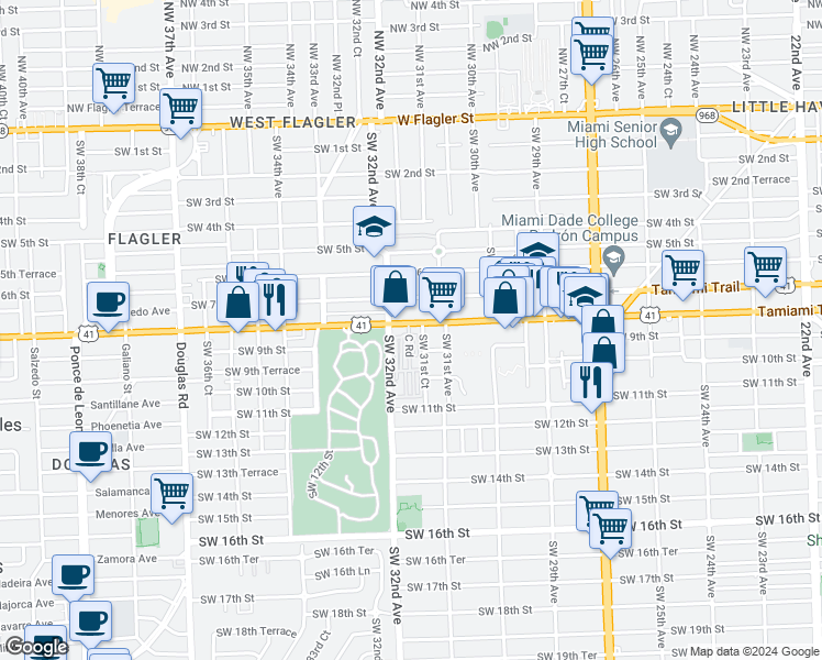 map of restaurants, bars, coffee shops, grocery stores, and more near 901 Southwest 31st Court in Miami