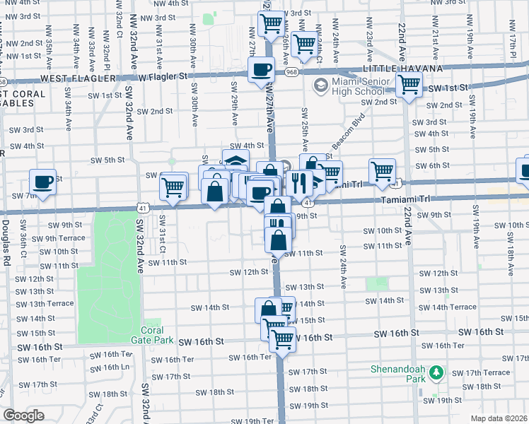 map of restaurants, bars, coffee shops, grocery stores, and more near 2701 Southwest 10th Street in Miami
