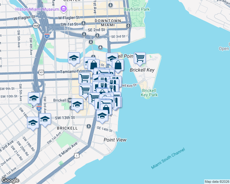 map of restaurants, bars, coffee shops, grocery stores, and more near 905 Brickell Bay Drive in Miami