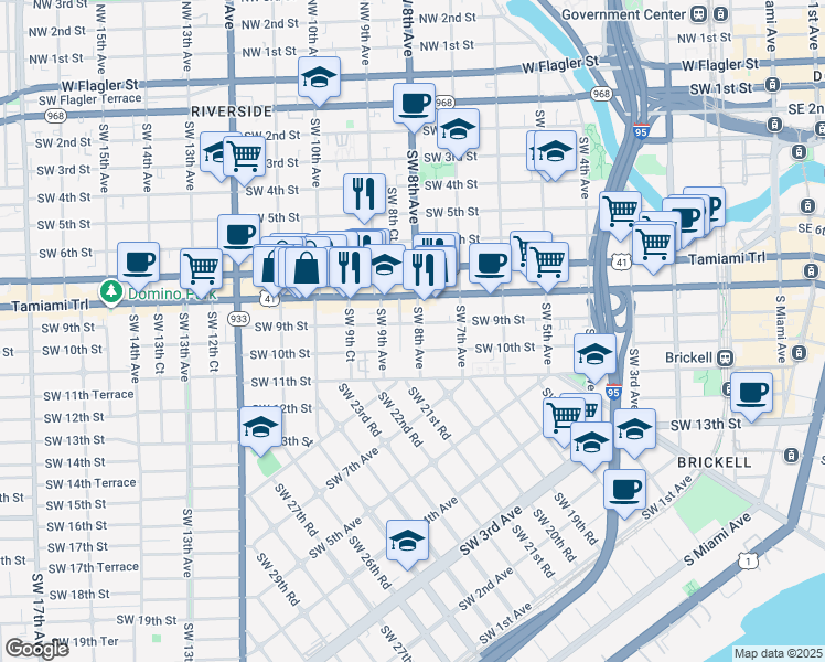 map of restaurants, bars, coffee shops, grocery stores, and more near 1003 Southwest 8th Avenue in Miami