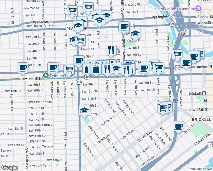 map of restaurants, bars, coffee shops, grocery stores, and more near 900 Southwest 8th Street in Miami