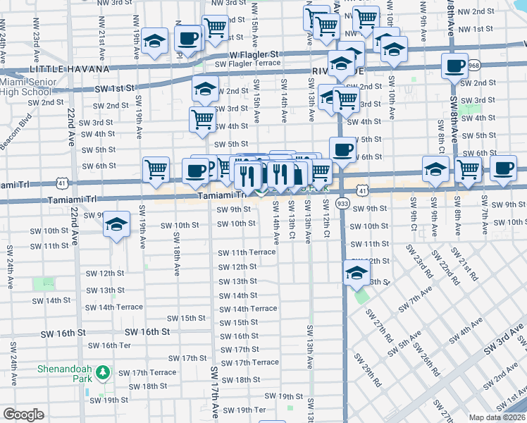 map of restaurants, bars, coffee shops, grocery stores, and more near 1442 Southwest 8th Street in Miami